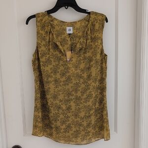 CAbi Paisley Blouse Sleeveless Top #3617 Small Mustard Yellow Keyhole Print